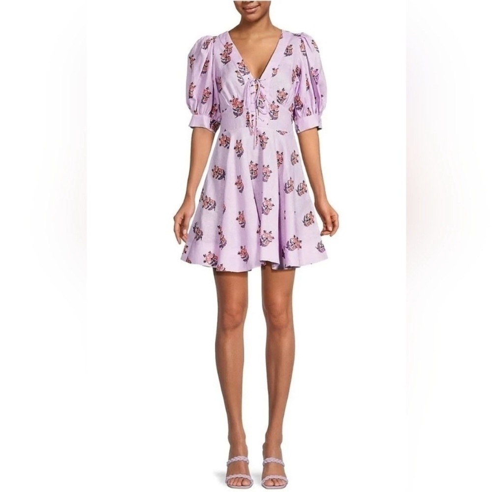 House of Harlow 1960 Linen Blend Floral Puff Sleeves Mini Dress 8